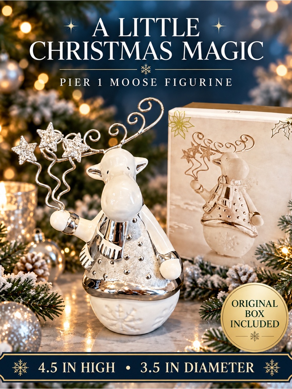 Pier 1 White and Silver Ceramic Moose Holiday Figurine